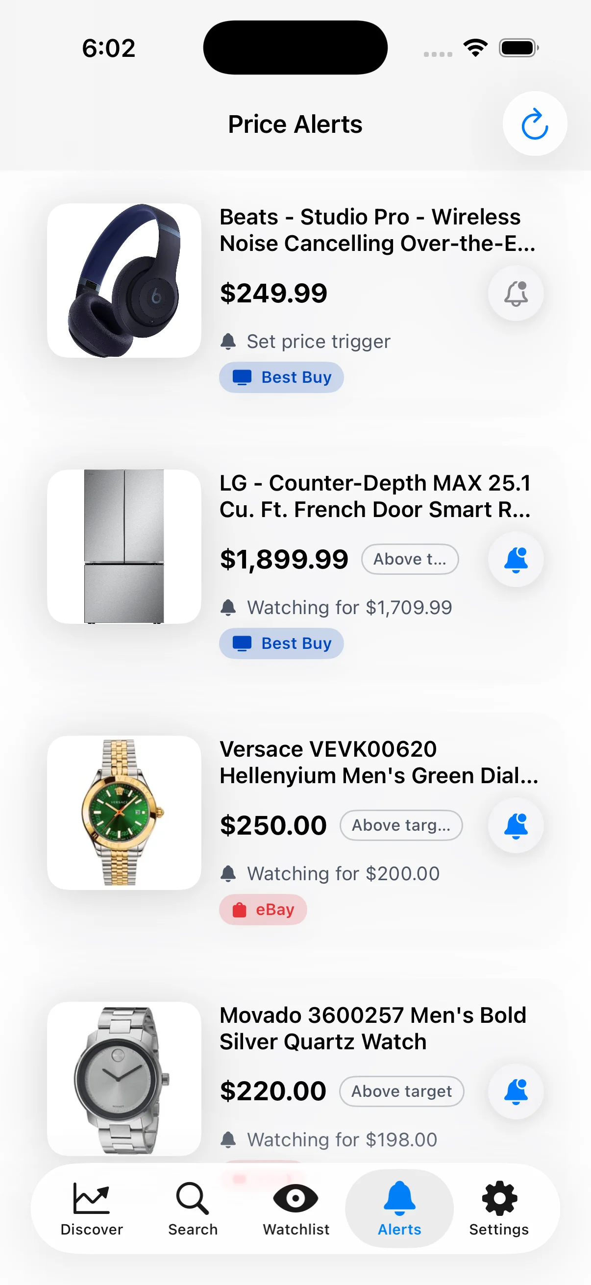 BuckHound Price Alerts list showing tracked items with price targets